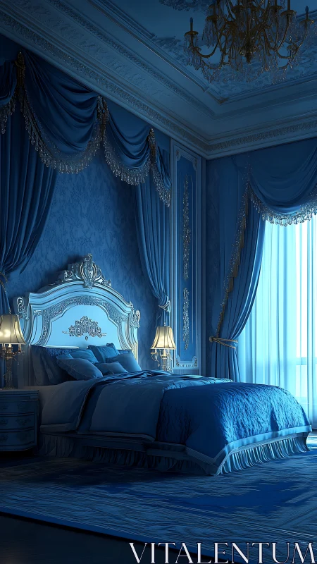 Bedroom interior displays ornate blue classical decor details