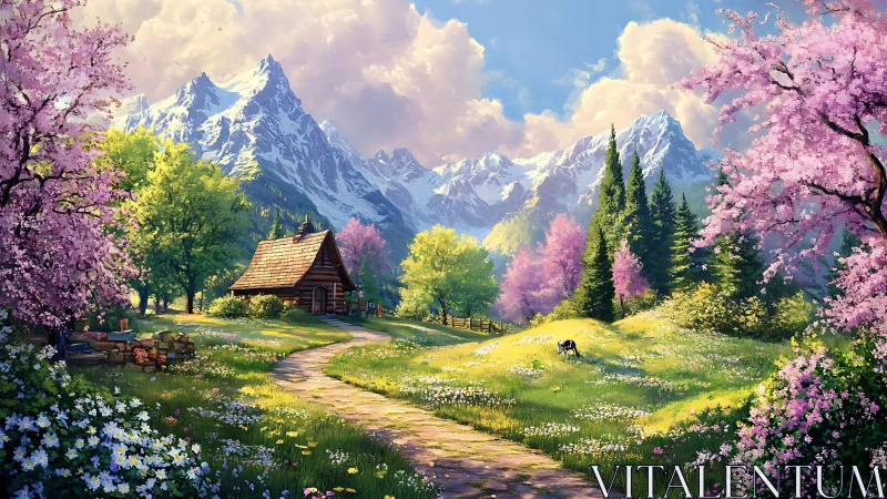 Mountain meadow cabin under blooming spring trees at sunrise.