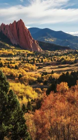 Golden autumn valley embracing dramatic red rock cliffs.