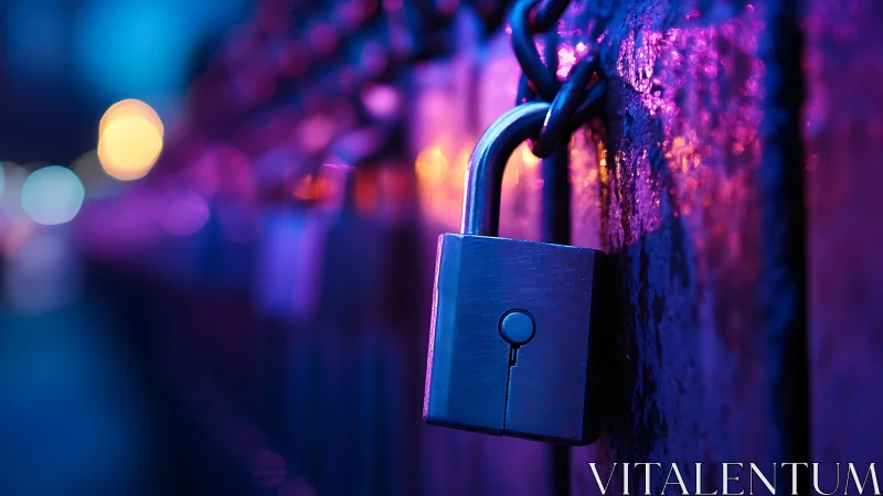 Metal padlock on chain in blue and purple city lights.