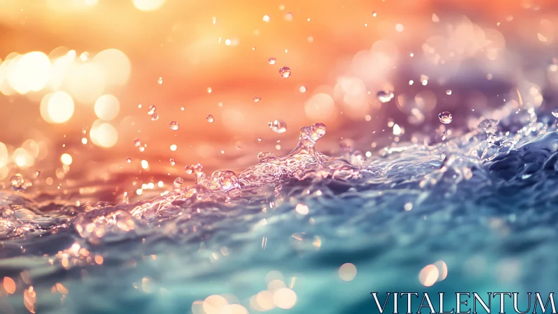 Glowing water droplets dancing in soft sunrise color light.