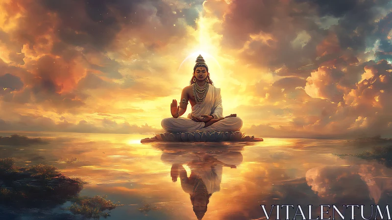 Serene meditating deity on reflective water at radiant dawn.