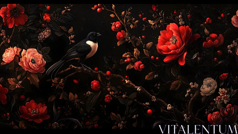 Magpie perched amid dark crimson peonies and berries.