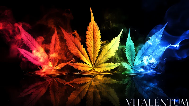 Colored cannabis leaves are rendered in reflective smoke