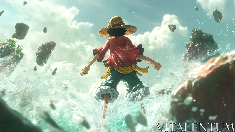 Backlit straw-hat adventurer running through dynamic sea spray