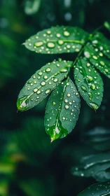 Rain droplets rest on glossy green leaves in sharp focus