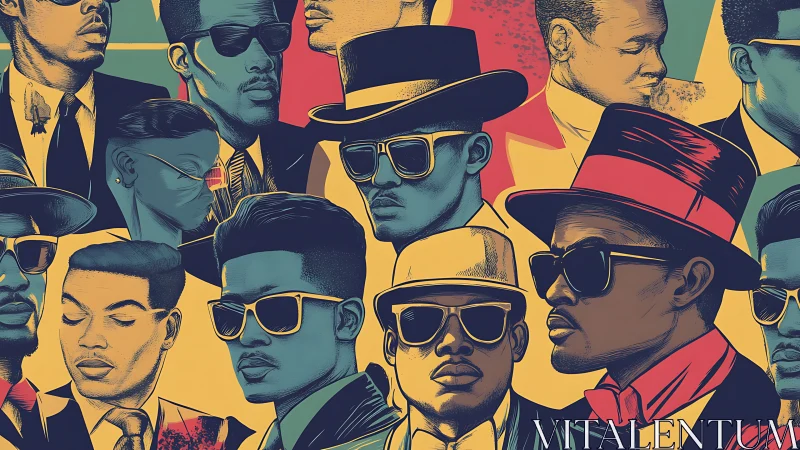 Pop art portraits of stylish men in sunglasses and hats.