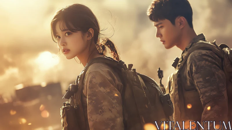 Cinematic duo of soldiers in golden-hour battlefield tableau.