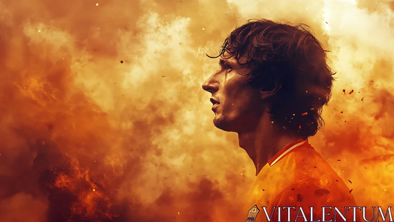 Profile portrait of soccer player amid blazing orange smoke