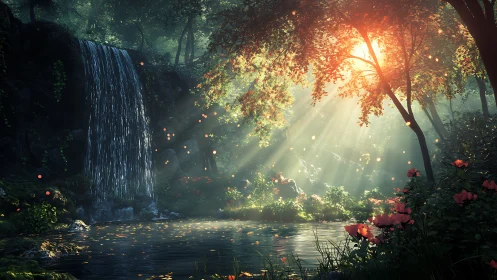 Sunlit forest waterfall where quiet daydreams linger.
