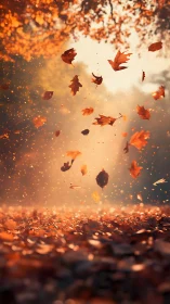 Autumn leaves spiral through backlit bokeh in shallow focus