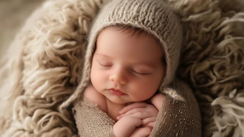 Slumbering cherub swaddled in cream-colored knit cocoon