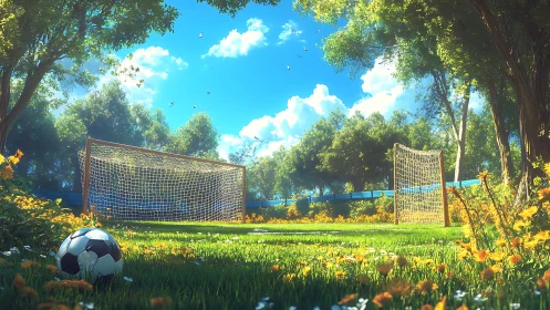 Sunlit soccer pitch with twin goals in floral enclosure.