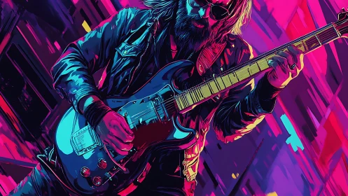Electric guitarist in neon cyberpunk city colors.