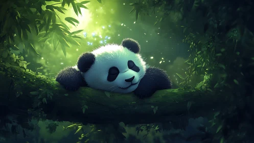 Digital panda resting on mossy tree branch in dense forest.