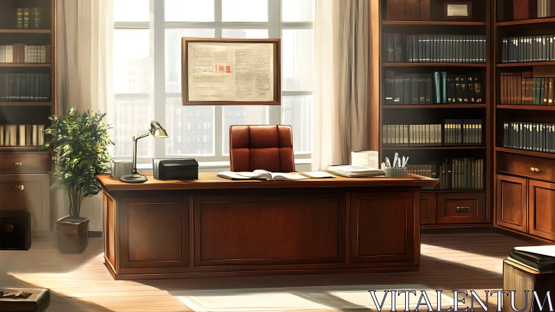 Warm sunlit law office with polished wooden desk and shelves.