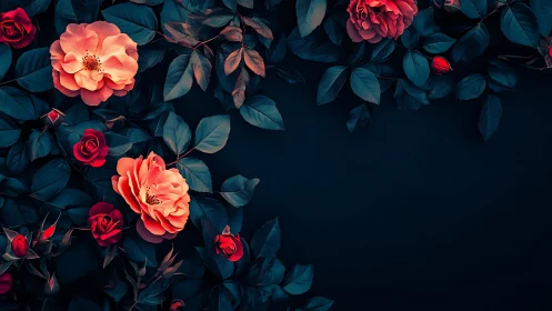 Rose blooms arranged against deep teal foliage background.