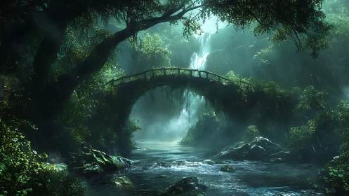 Digital painting of misted forest bridge and waterfall at dusk.