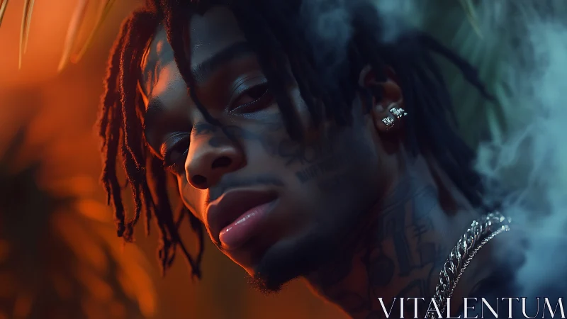 Portrait shows tattooed man with dreadlocks in moody colored light