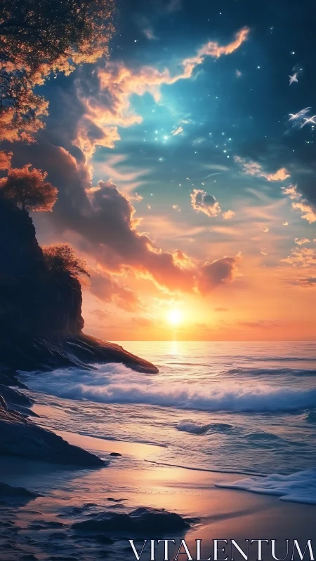 Dreamlike ocean sunset under glowing celestial sky.