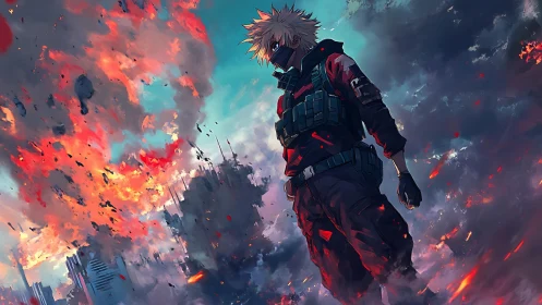 Masked combat figure in burning urban skyline at dusk.