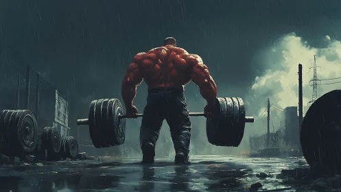 Stormlit street strongman lifting impossible weight in rain.