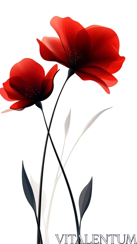 Dual Red Flowers with Graceful Black Stems and Muted Foliage