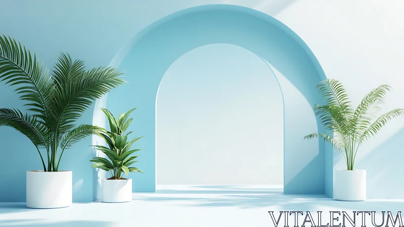 Serene Blue Archway with Lush Tropical Plants