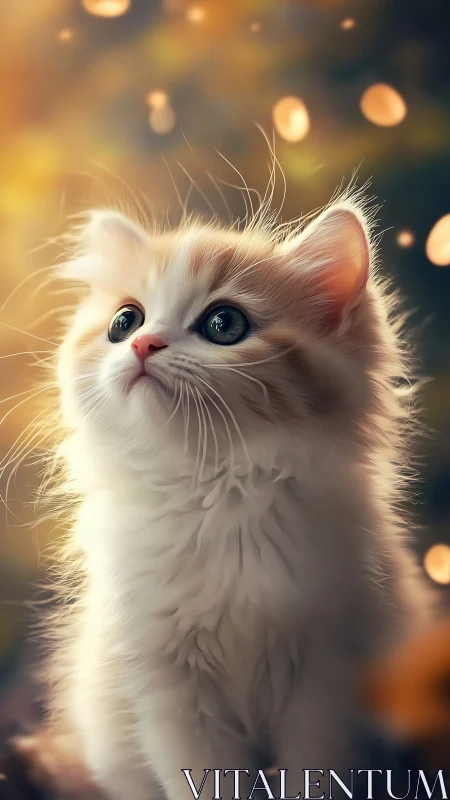 Ethereal White Feline Portrait with Opalescent Blue Eyes and Bokeh Luminescence.