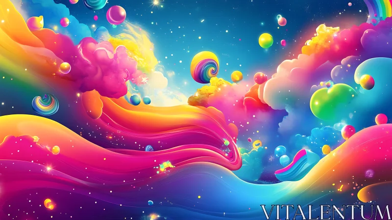 Vibrant abstract rainbow clouds with floating bubbles.