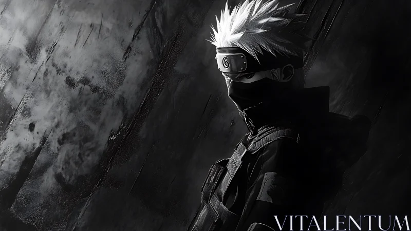 Masked silver ninja melts into stormy graphite shadows