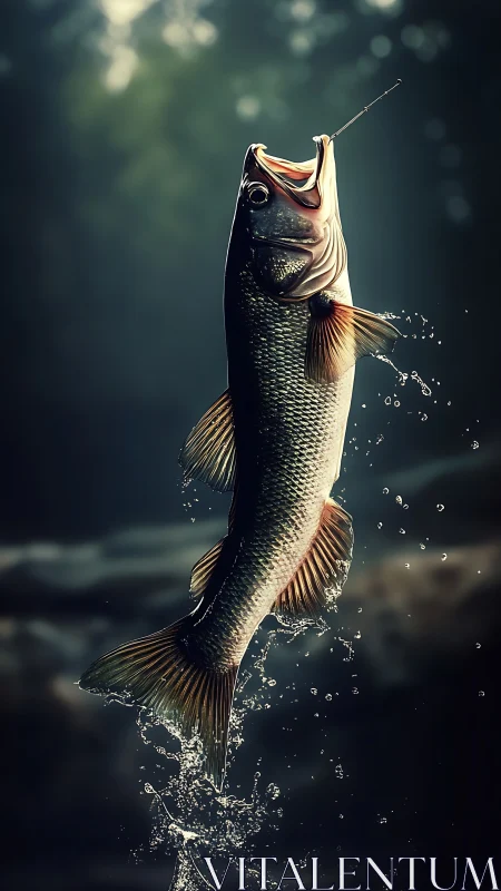 Leaping bass suspended midair in dramatic backlight splash.