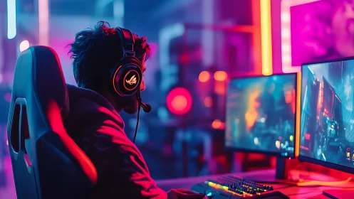 Focused gamer in neon glow enjoying an immersive night session.