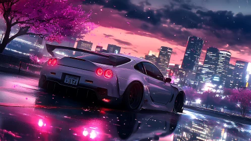 Widebody tuner car under neon dusk skyline with wet road reflections