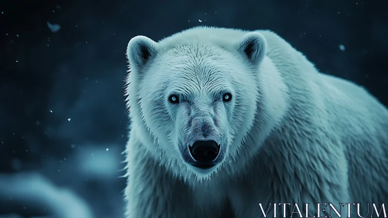 Polar bear portrait under falling snow, icy blue light.