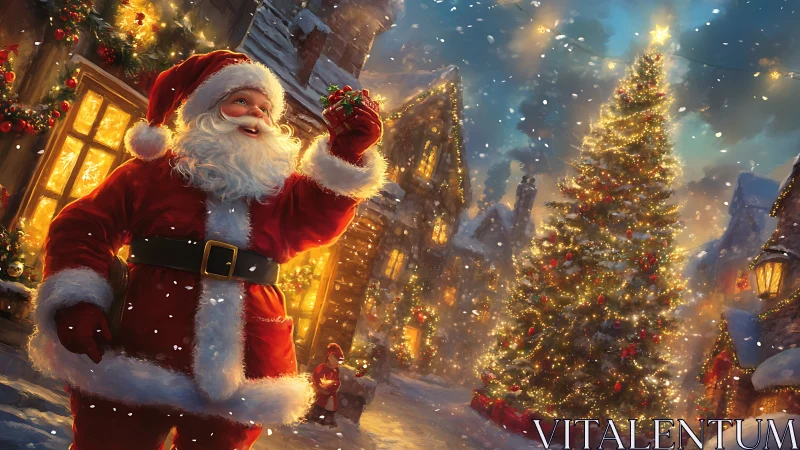 Illuminated winter village with Santa and luminous tree focus.