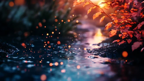 Sunlit forest stream glows with drifting ember-like sparks