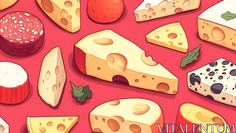 Assorted cheese and cured sausage pattern on red background.