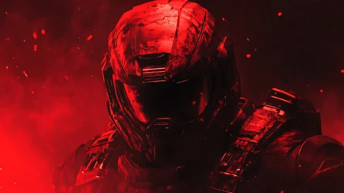 Armored space soldier emerges through crimson battle haze.