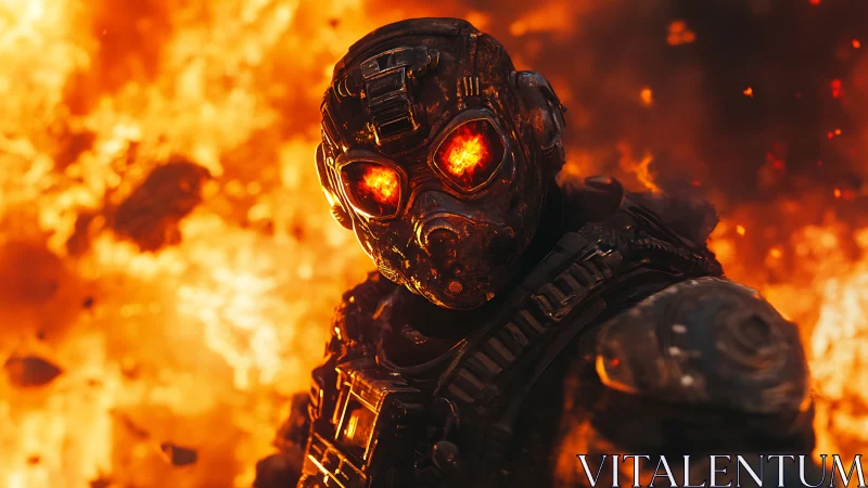 Armored soldier stands before large explosion in background