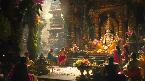 Golden temple blooms around radiant deity in fragrant dusk