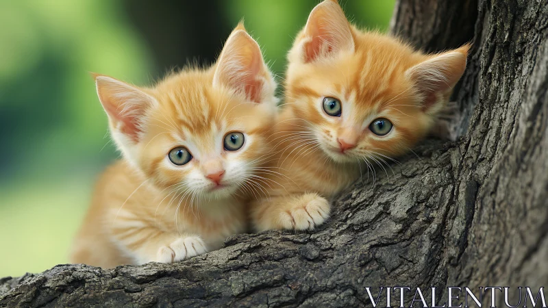 Golden kittens perched on bark, wide-eyed.