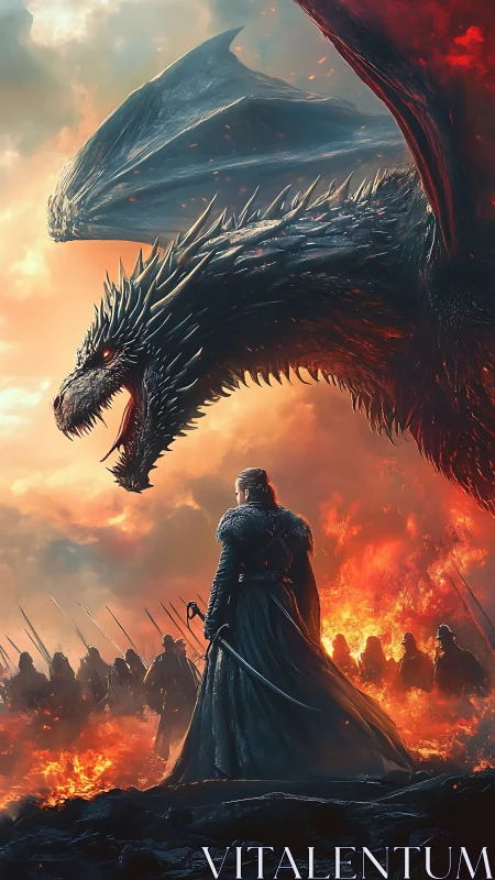 Dragon and armored commander before burning battlefield.