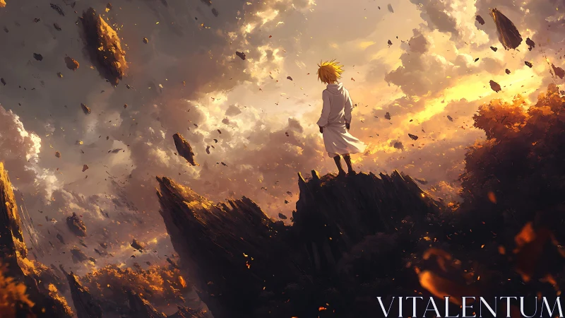 Stargazing wanderer atop drifting ruins at molten sunset.