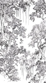 Ink-rendered cliff forest with cascading linear waterfalls.