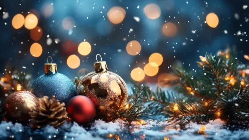 Specular holiday baubles in shallow-depth bokeh snowfall scene.