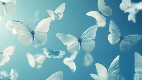 Multiple translucent butterflies move across a blue gradient field