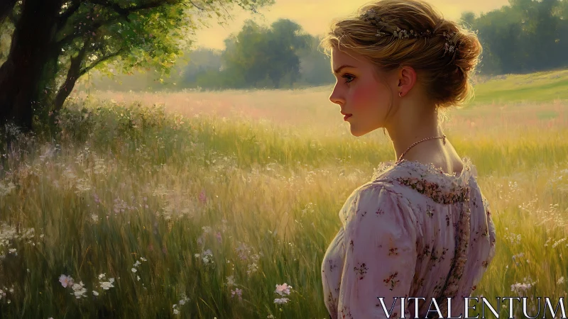 Sunlit daydream with a young woman in wildflower fields.