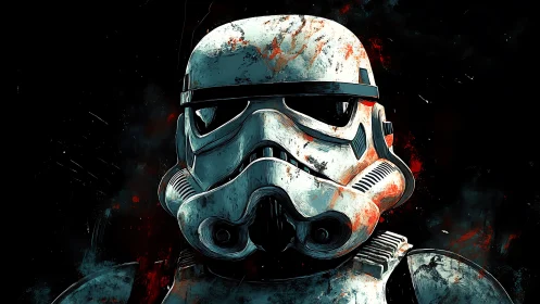 Battle-worn sci-fi armored helmet in dark fiery scene.