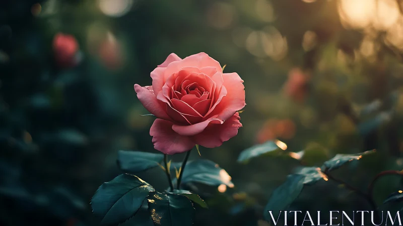 Coral rose bloom centered with bokeh garden background in warm golden light